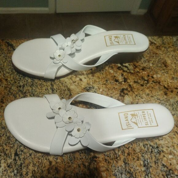 Island Slipper Women's White Leather Flower Slide Wedge Size 11 Sandals - Picture 4 of 11